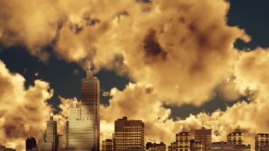 Şehir gökdelenler ve günbatımı bulutlu gökyüzü zaman atlamalı 4k