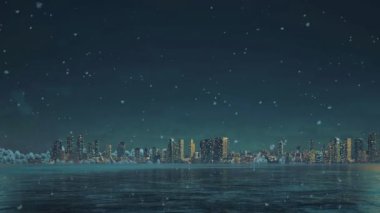 Şehir merkezindeki soyut şehir panoraması. Kış gecesi hafif kar yağışında donmuş nehrin kenarındaki gökdelenler. Hiç insan olmadan 4K içinde 3D animasyon oluşturuldu