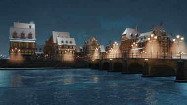 Huzurlu kış gecelerinde sokak ışıklarıyla aydınlatılan donmuş nehrin üzerinde yarı keresteli Avrupa evleri ve taş köprüsü olan ortaçağ kasabasının boş nehir önü. 3D görüntüleme dosyamdan 3B illüstrasyon.