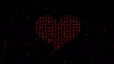 Parlayan kırmızı kalp sembolü siyah arkaplandaki rastgele dijital ikili kodla şekillenir. Soyut Animasyon Aşk ve Sevgililer Günü konsepti 4K ile hazırlanmıştır.