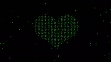 Ekrandaki soyut dijital ikili kod ile siyah arkaplan formlarında parlayan yeşil kalp şekli sembolü. Dijital olarak üretilen Aşk ve Sevgililer Günü animasyonu 4K 'da üretildi.