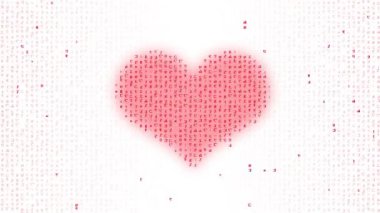 Soyut dijital ikili kodla beyaz arkaplan formlarındaki yumuşak kırmızı kalp şekli sembolü. Dijital olarak üretilen Aşk ve Sevgililer Günü 4K 'da yapılan çağdaş konsept animasyon.
