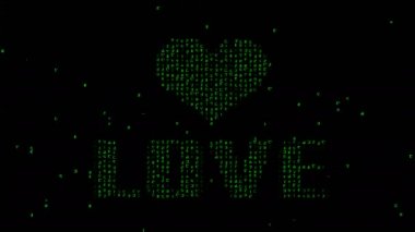 Bilgisayar ekranında soyut dijital ikili kodla parlayan yeşil kalp sembolü ve kara zemin formlarındaki aşk kelimesi. Dijital olarak üretilen Sevgililer Günü konsepti animasyonu 4K ile oluşturuldu