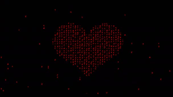 Świecący Czerwony Symbol Kształcie Serca Tworzy Przypadkowy Cyfrowy Kod Binarny — Wideo stockowe