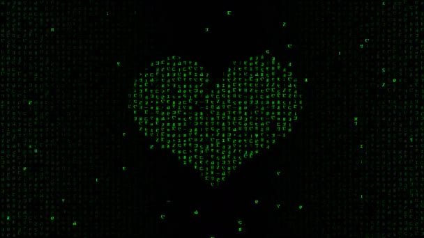 Збільшення Зеленого Сердечного Символу Чорному Тлі Допомогою Абстрактного Анімаційного Матричного — стокове відео