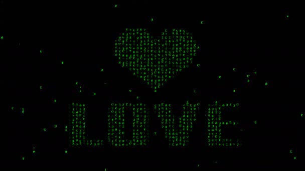 Bilgisayar Ekranında Soyut Dijital Ikili Kodla Parlayan Yeşil Kalp Sembolü — Stok video