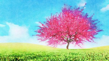 Renkli suluboya bahar manzarası... yemyeşil çimlerle kaplı tepelerde çiçek açan tek yemyeşil kiraz ağacı. Kendi 3D dosyamdaki dijital resim..