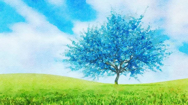 ぬれた水彩で満開の非現実的な青い桜の木を開花させる緑豊かな春の風景 私自身の3Dレンダリングファイルからのファンタジーデジタルアート絵画 — ストック写真