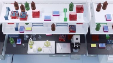 Mikroskop, cam test tüpleri, mataralar ve diğer modern laboratuvar ekipmanlarıyla bilimsel araştırma laboratuarının çalışma masasının en üst görüntüsü. İnsansız tıbbi ve bilimsel teknoloji konsepti olmadan 3 boyutlu animasyon.