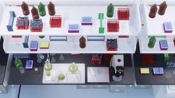 Κάτοψη Του Εργαστηρίου Επιστημονικής Έρευνας Τραπέζι Εργασίας Μικροσκόπιο Γυάλινους Δοκιμαστικούς — Αρχείο Βίντεο