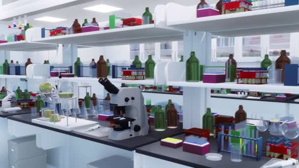 Puste Wnętrze Laboratorium Naukowo Badawcze Różnymi Nowoczesnymi Urządzeniami Laboratoryjnymi Regałach — Wideo stockowe