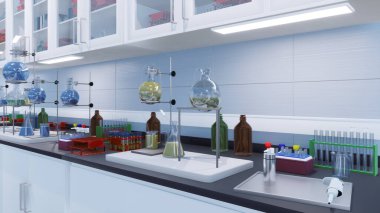 Modern bilimsel araştırma laboratuvarında çalışma masasında cam test tüpleri, deney tüpleri, mataralar ve diğer laboratuvar ekipmanları. Kendi 3D canlandırmamdan hiçbir insan tıbbi ve bilimsel konsept 3D çizim olmadan..