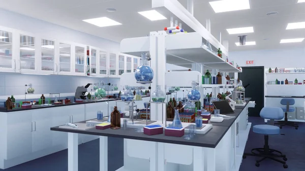 Puste Wnętrze Laboratorium Badawcze Różnymi Nowoczesnymi Urządzeniami Laboratoryjnymi Stołach Półkach — Zdjęcie stockowe