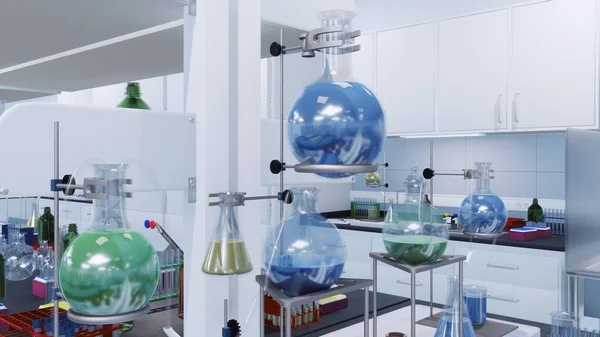 연구소에서는 액체와 실험실 장비를 플라스크를 가까이 찍었다 사람들은 렌더링을 일러스트로 — 스톡 사진