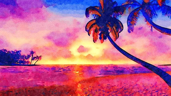 Kleurrijke Natte Aquarellandschap Met Palmbomen Zandstrand Bij Schilderachtige Zonsondergang Digitale — Stockfoto