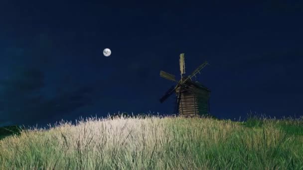 Fantasie Landelijk Landschap Met Oude Houten Windmolen Een Grasveld Onder — Stockvideo