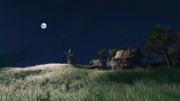 인들의 전통적 나무로 풍차가 풍경은 보름달이 시골의 밭에서 수있다 애니메이션 — 비디오