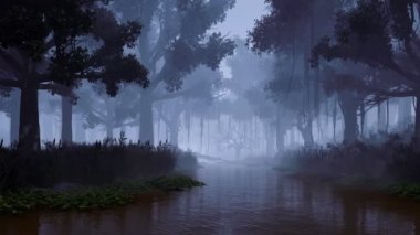 Karanlık sisli bir gecede, sakin orman nehrinin aşırı gelişmiş kıyısında ürkütücü ağaç siluetleriyle ürkütücü orman manzarası. Hiçbir insan fantezi 3D animasyon 4K yapılmış