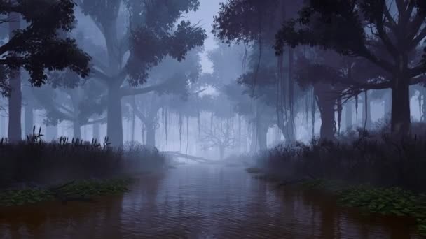 霧深い夕暮れや夜に暗い神秘的な森の中の古い不気味な木の間で生い茂った穏やかな川の動き 4Kでレンダリングされた夢のような森林景観3Dアニメーションを持つ人がいません — ストック動画