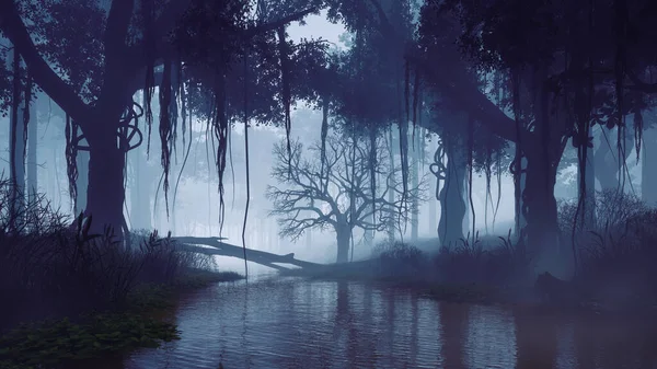 Ηρεμία Swampy Ποτάμι Μεταξύ Συστάδες Των Παλαιών Ανατριχιαστικό Δέντρα Ένα — Φωτογραφία Αρχείου