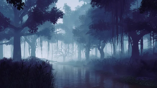 暗い霧の夕暮れや夜に穏やかな森の川の生い茂った海岸に不気味な木のシルエットと不気味な森の風景 私自身の3Dレンダリングからの人々のファンタジー3Dイラストなし — ストック写真
