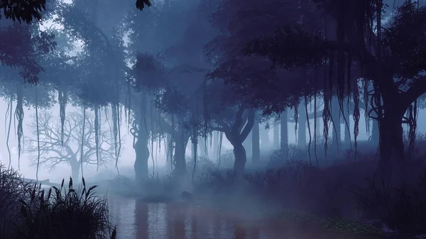 Mysterious woodland landscape with spooky tree silhouettes on overgrown shore of swampy forest river at dark misty dusk or night. With no people fantasy 3D illustration from my own 3D rendering.