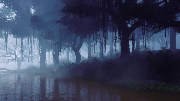 Río Pantanoso Cubierto Bosque Con Viejas Siluetas Árboles Espeluznantes Orilla —  Fotos de Stock