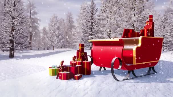 Jultomten Släde Full Julklappar Bland Snötäckta Gran Skog Vinterdagen Snöfall — Stockvideo