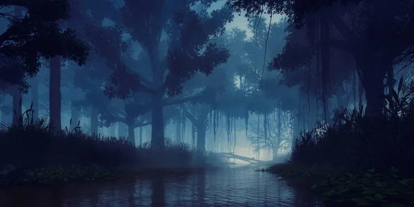 Karanlık Sisli Bir Gecede Bataklık Orman Nehrinin Aşırı Büyümüş Kıyısında — Stok fotoğraf
