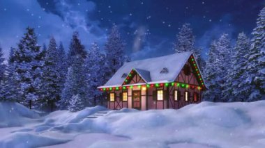 Noel 'de karla kaplı köknar ağacı ormanları arasında süslenmiş, karla kaplı, yarı kereste kaplı, ıssız bir kır evi. Xmas ve Yeni Yıl Tatilleri için 3B animasyon 4K 'da yapıldı