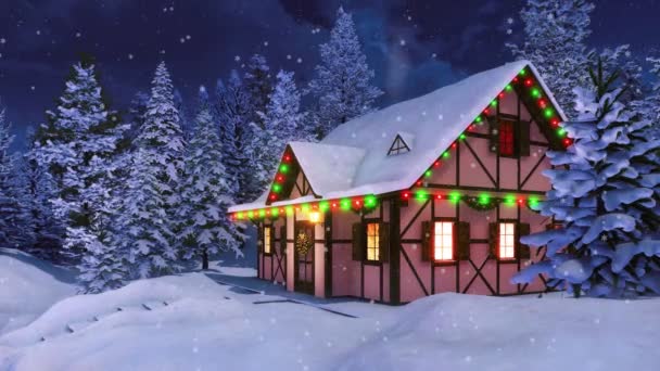 Esterno Accogliente Casa Rurale Graticcio Con Neve Decorata Natale Con — Video Stock