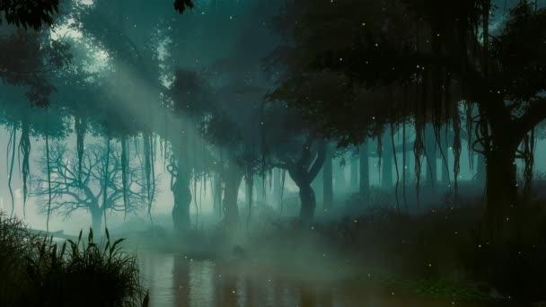 Paisagem Floresta Misteriosa Com Luzes Pirilampo Fadas Sobrenaturais Acima Rio — Vídeo de Stock