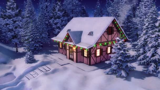 Paesaggio Rurale Sogno Con Accogliente Casa Graticcio Innevata Decorata Natale — Video Stock