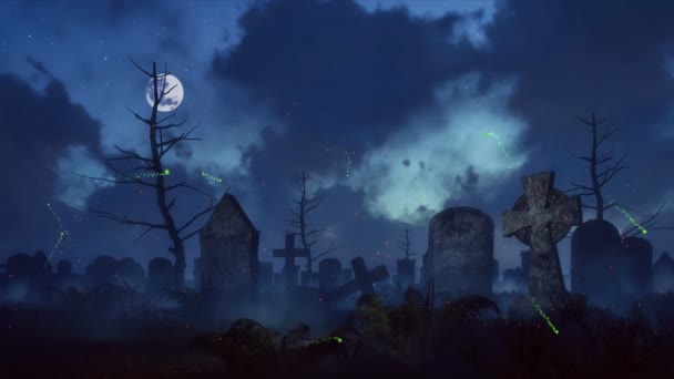 Noite Mística Escura Cemitério Assustador Abandonado Com Luzes Pirilampo Fadas — Vídeo de Stock