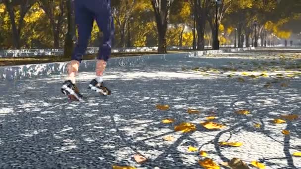 若い女性の秋の公園でジョギング — ストック動画