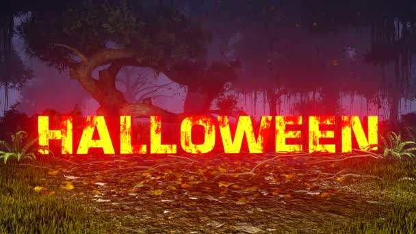 Gloeiende Happy Halloween tekst in het donkere bos — Stockvideo