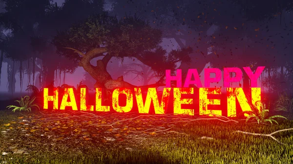 Gloeiende Happy Halloween tekst in het donkere bos 3 — Stockfoto