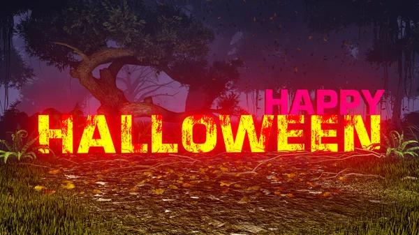 Brillante texto de Halloween feliz en el bosque oscuro 2 —  Fotos de Stock