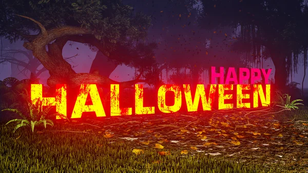 Gloeiende Happy Halloween tekst in het donkere bos 4 — Stockfoto