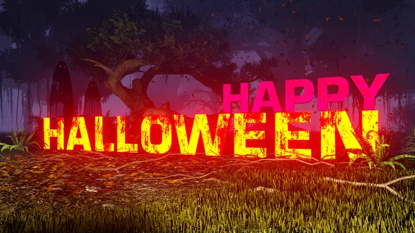 Zářící Happy Halloween text v temném lese 8 — Stock fotografie