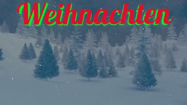 Animierter weihnachtlicher Text in einem verschneiten nächtlichen Wald — Stockvideo