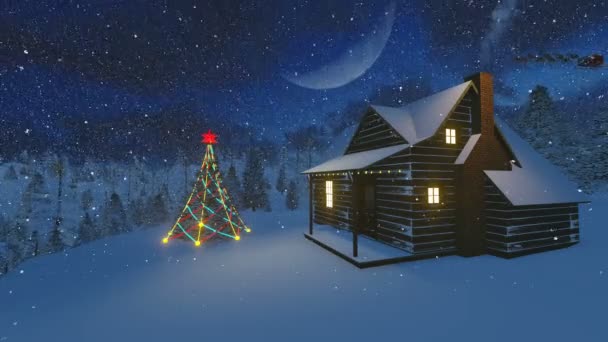 Cabane confortable et épicéa dans les montagnes décorées pour Noël — Video