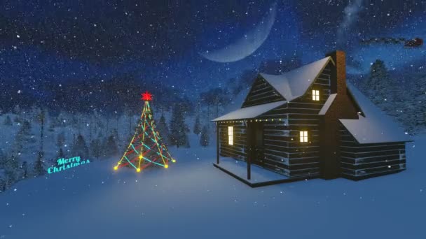 Animovaný veselý vánoční text v nočním lese — Stock video