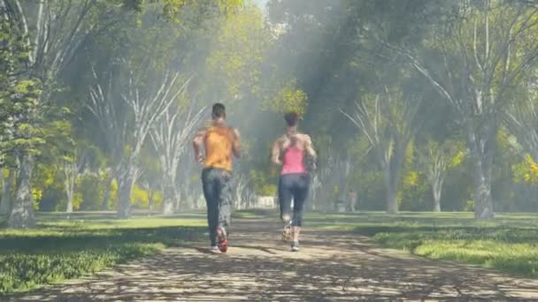 Pareja joven corriendo en un bosque soleado. Vista trasera — Vídeo de stock