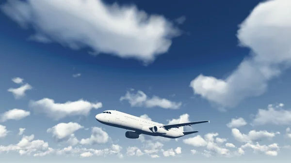 Avião voa através do céu nublado 1 — Fotografia de Stock
