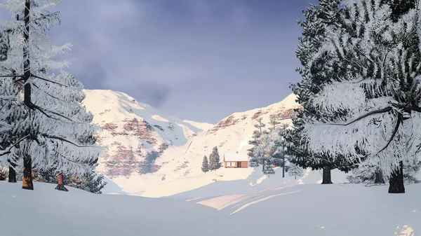 Chatką w snowy góry — Zdjęcie stockowe