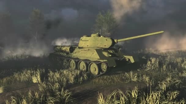 Viejos tanques rusos T 34 en el campo de batalla — Vídeo de stock