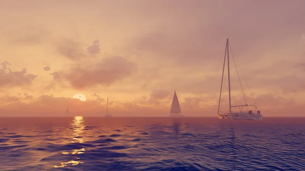 Sailboats in the ocean at sunrise — Stock Photo, Image