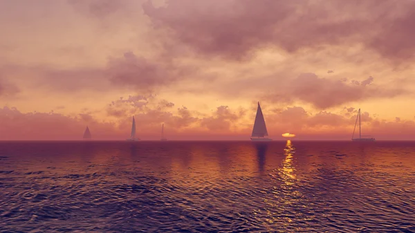 Yachts on the rising sun background — Stock Photo, Image