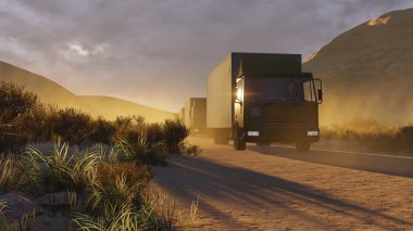 Military trucks on a desert road 2
